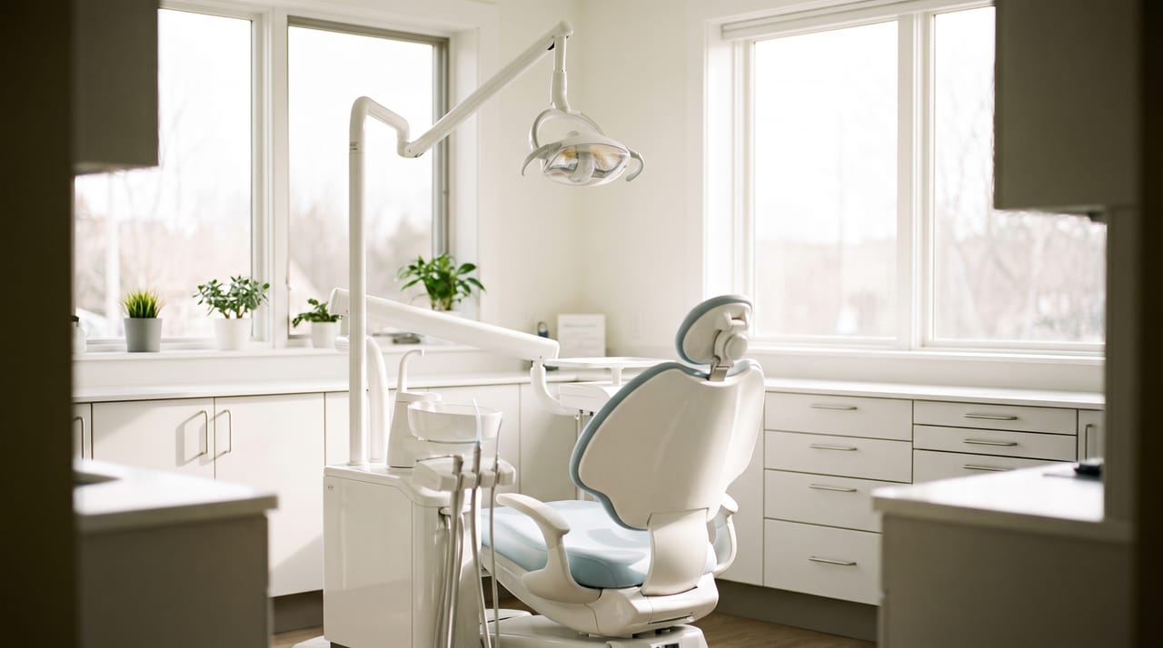 A treatment room at Morrow Creek with the patient chair and overhead lamp lit in cool blue light