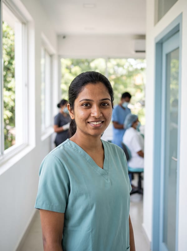 Priya Nandakumar, dental hygienist, in teal scrubs