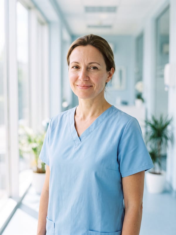 Dr. Tessa Lindqvist in dark scrubs in the Morrow Creek corridor